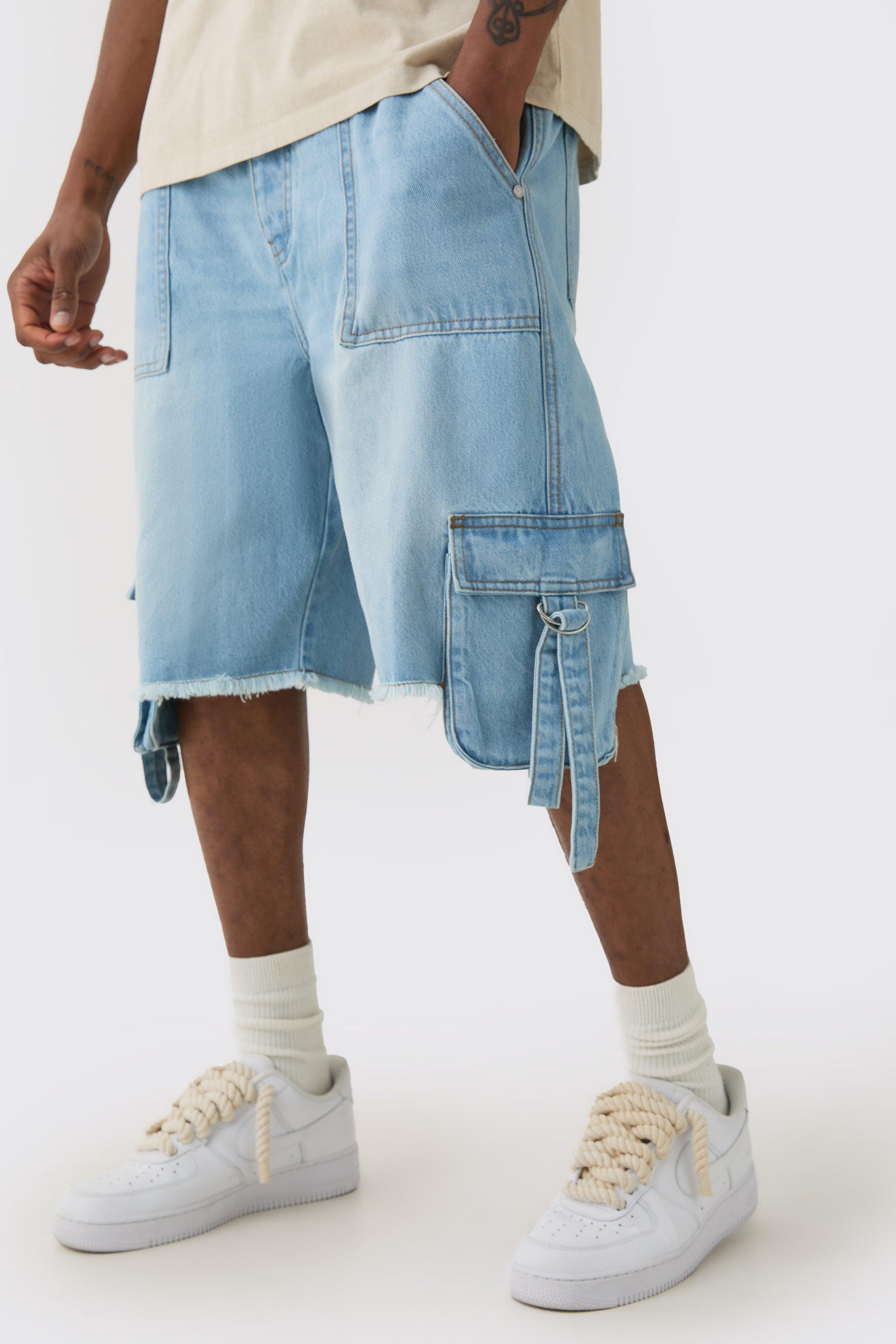 Mens Tall Relaxed Rigid Cargo Pocket Denim Short In Light Blue, Blue